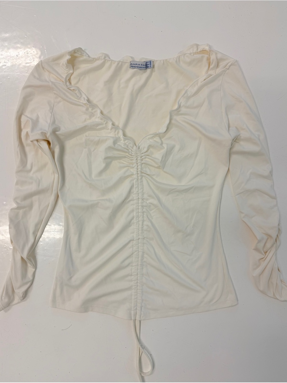 Zara Vintage Cream Ruched V-Neck Long Sleeve Top
